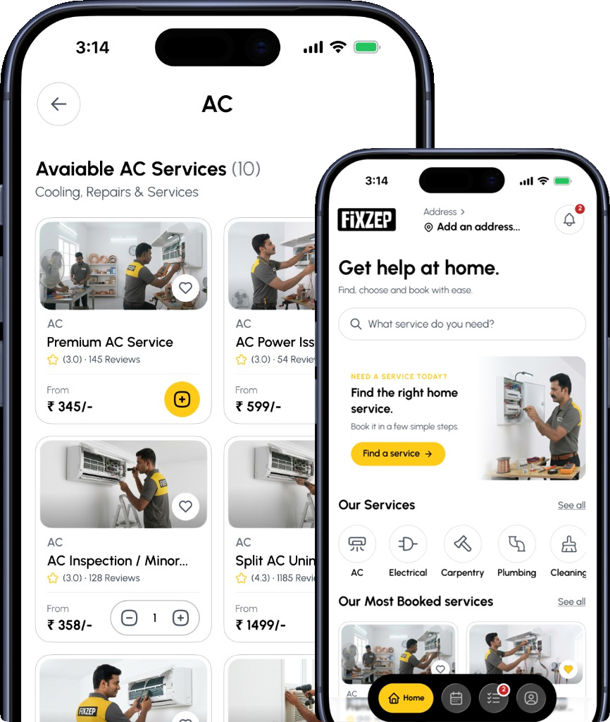 FiXZEP app showing available AC services and home booking